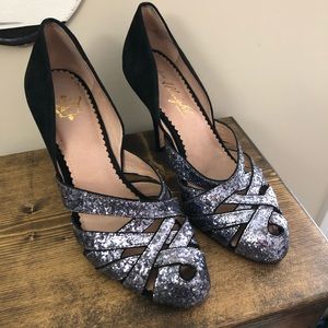 Miss Albright purple glitter strappy suede heels.